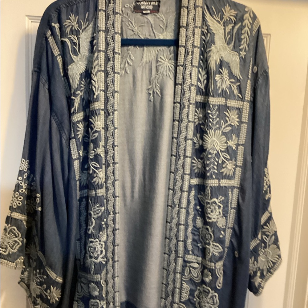 Johnny Was Navy Blue Embroidered Kimono Cape
